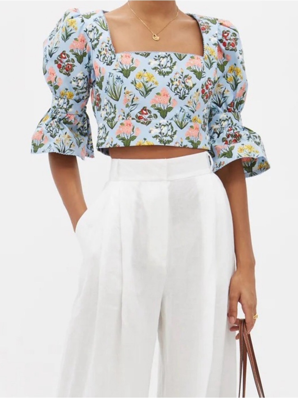 Agua by Agua Bendita Light Blue Floral Puff-Sleeve Crop Top